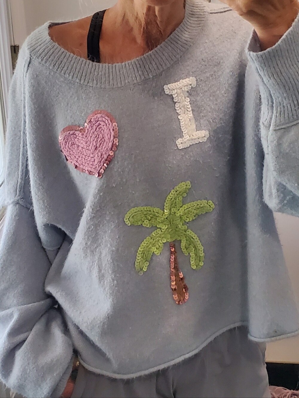 WildFox Sequins Embroidered I💗🌴 I Love Palm Tree Oversized Baby Blue Sweater